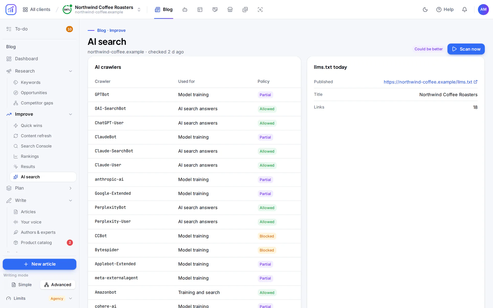 The Site Health part of the AI search page: a table of AI crawlers with what each is used for and whether robots.txt allows it, next to the llms.txt the site publishes.