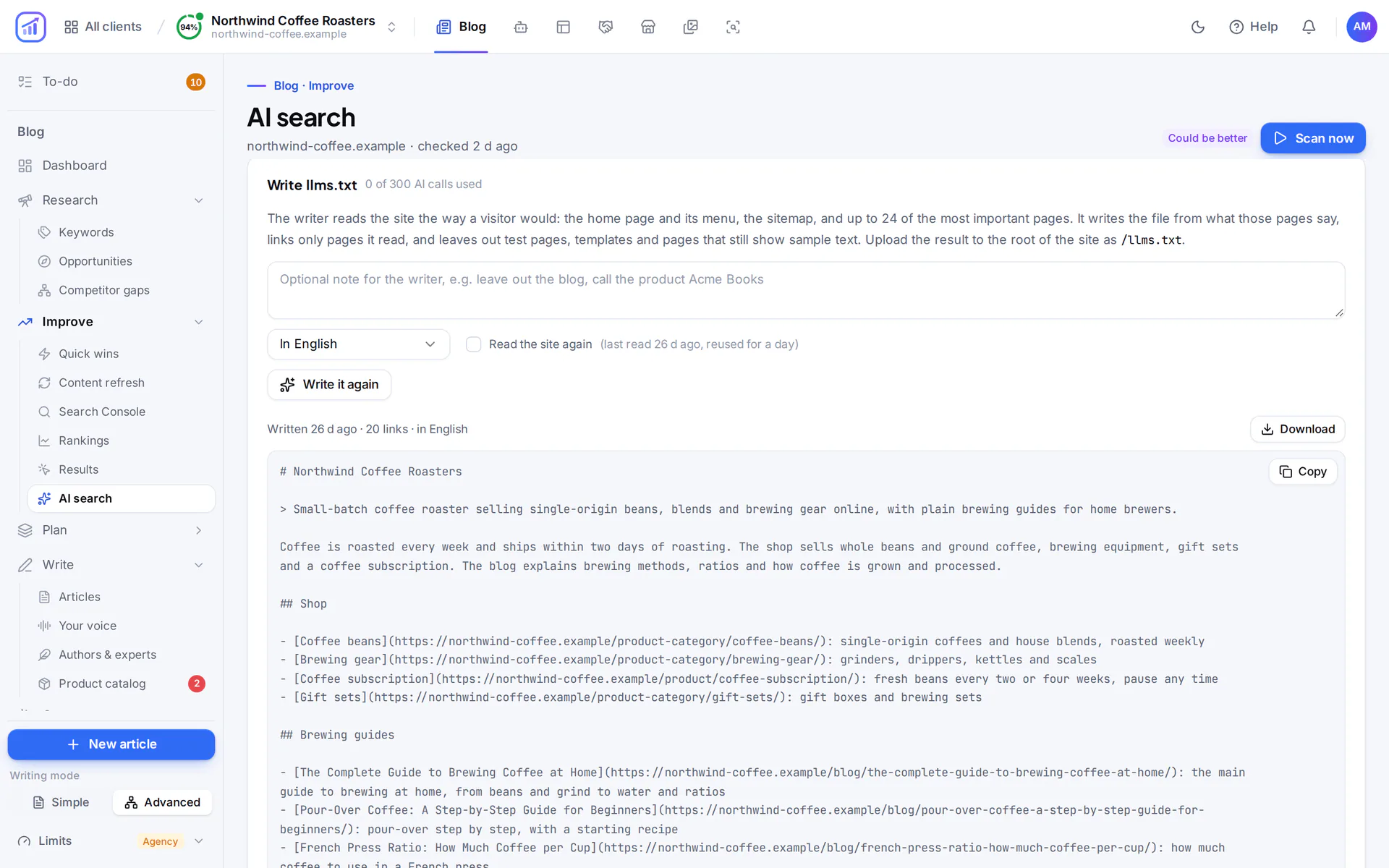 The Write llms.txt panel on the AI search page: a draft llms.txt for the coffee shop with its sections and links, and the pages the writer read.