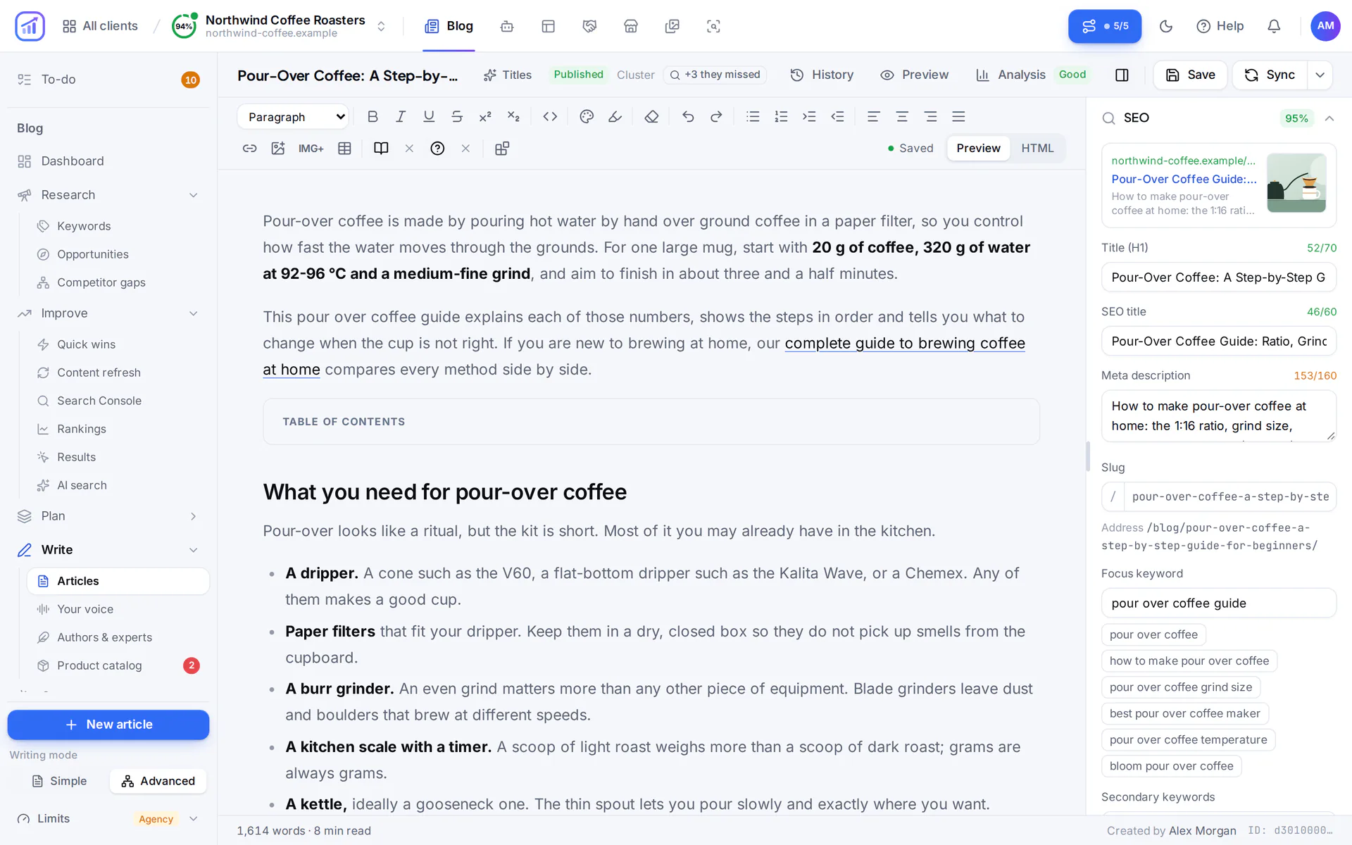 RankFlow article editor with a pour-over coffee guide on the left and the SEO panel on the right: SEO score 95%, search preview, title, title tag, meta description and focus keyword.