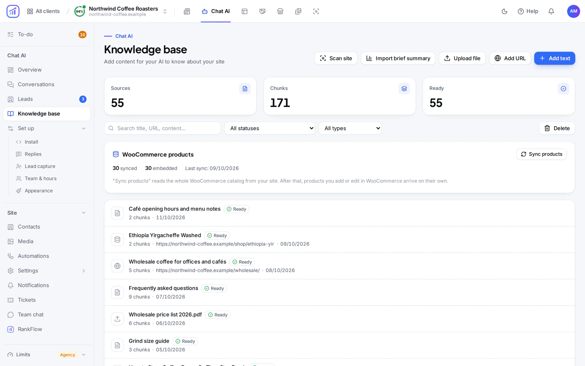 Chat AI knowledge base with every source ready: notes, an FAQ, a price list, site pages, blog articles and the WooCommerce products