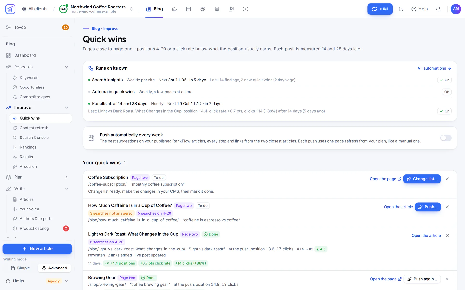 RankFlow Quick wins page: the automatic runs with their last results, and a list of pages close to page one with a change list, a page to push and a finished push measured after 14 days.