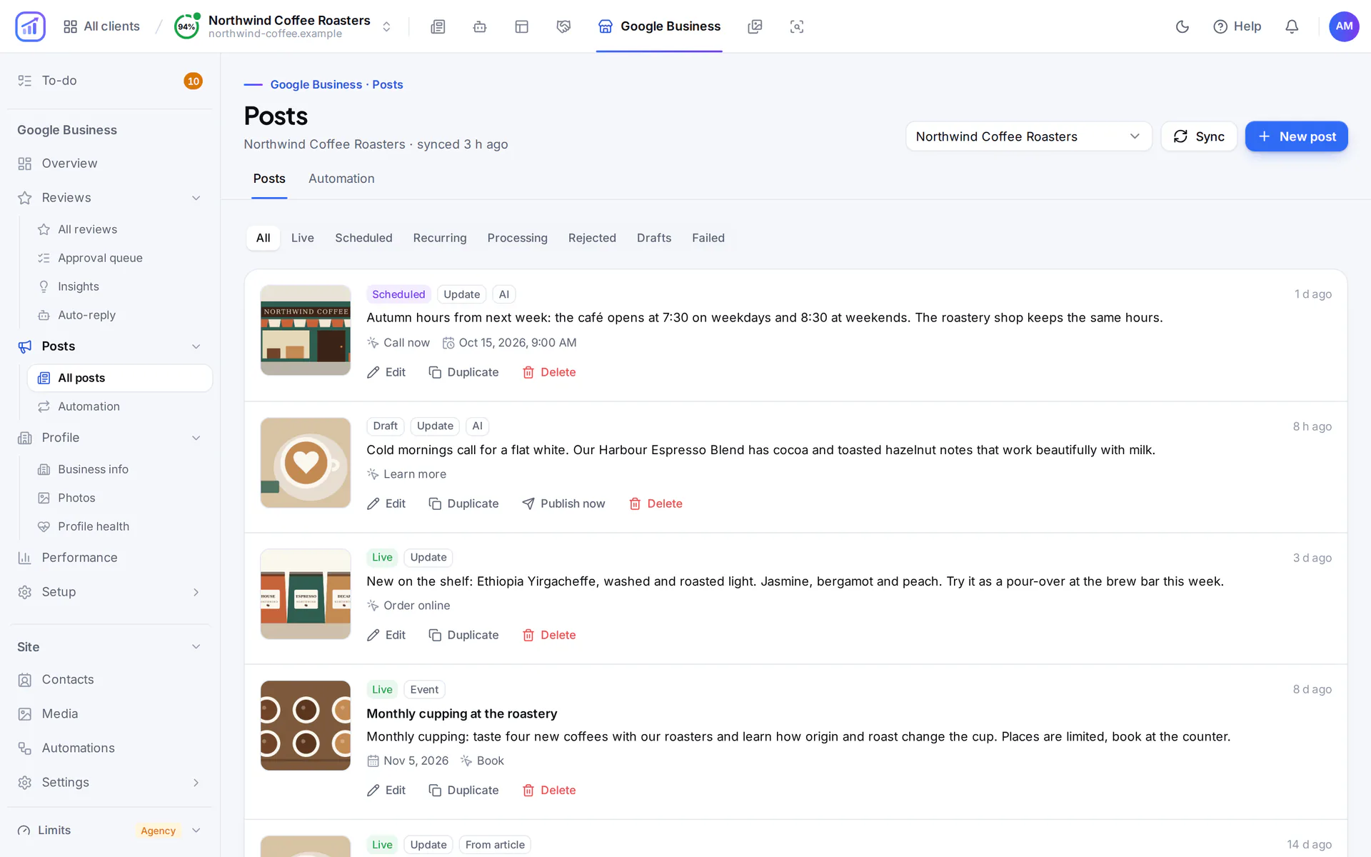 Google Business posts for a coffee roastery: a scheduled update, a draft, live updates, an event and an offer, each with its image