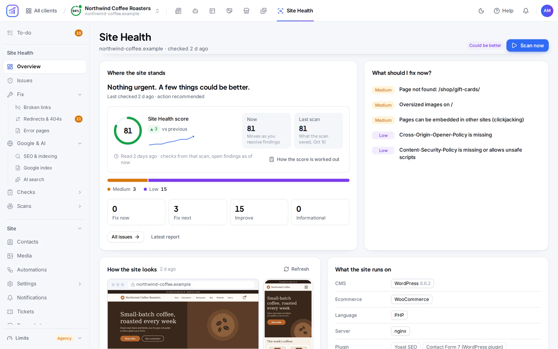 Site Health overview for northwind-coffee.example with a score of 81, a rising score trend, open issues by severity, the issues to fix first and screenshots of the home page.