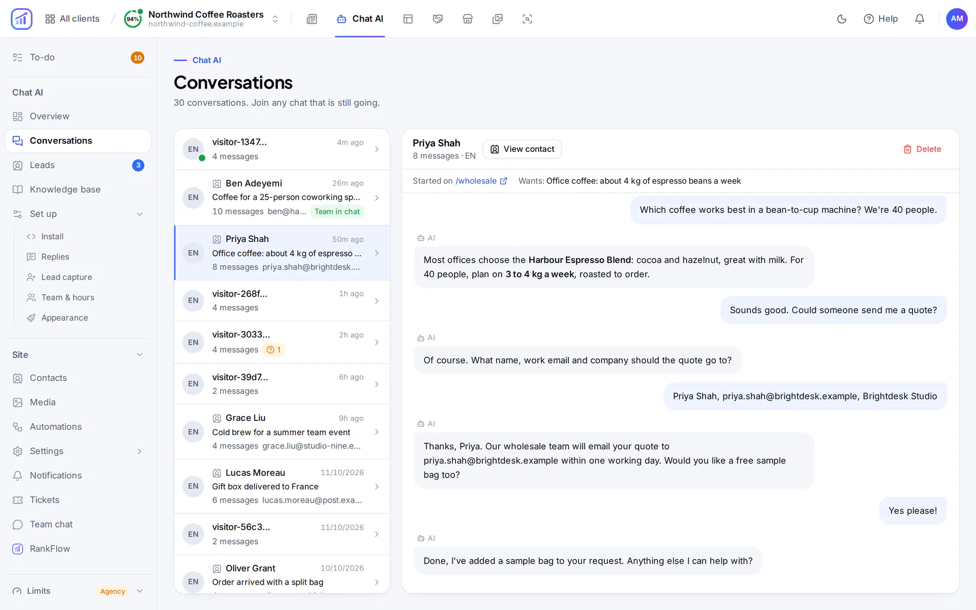 Chat AI conversation list with one chat open: a visitor asks about coffee for a 40-person office, the assistant recommends a blend and saves her name, email and company as a lead