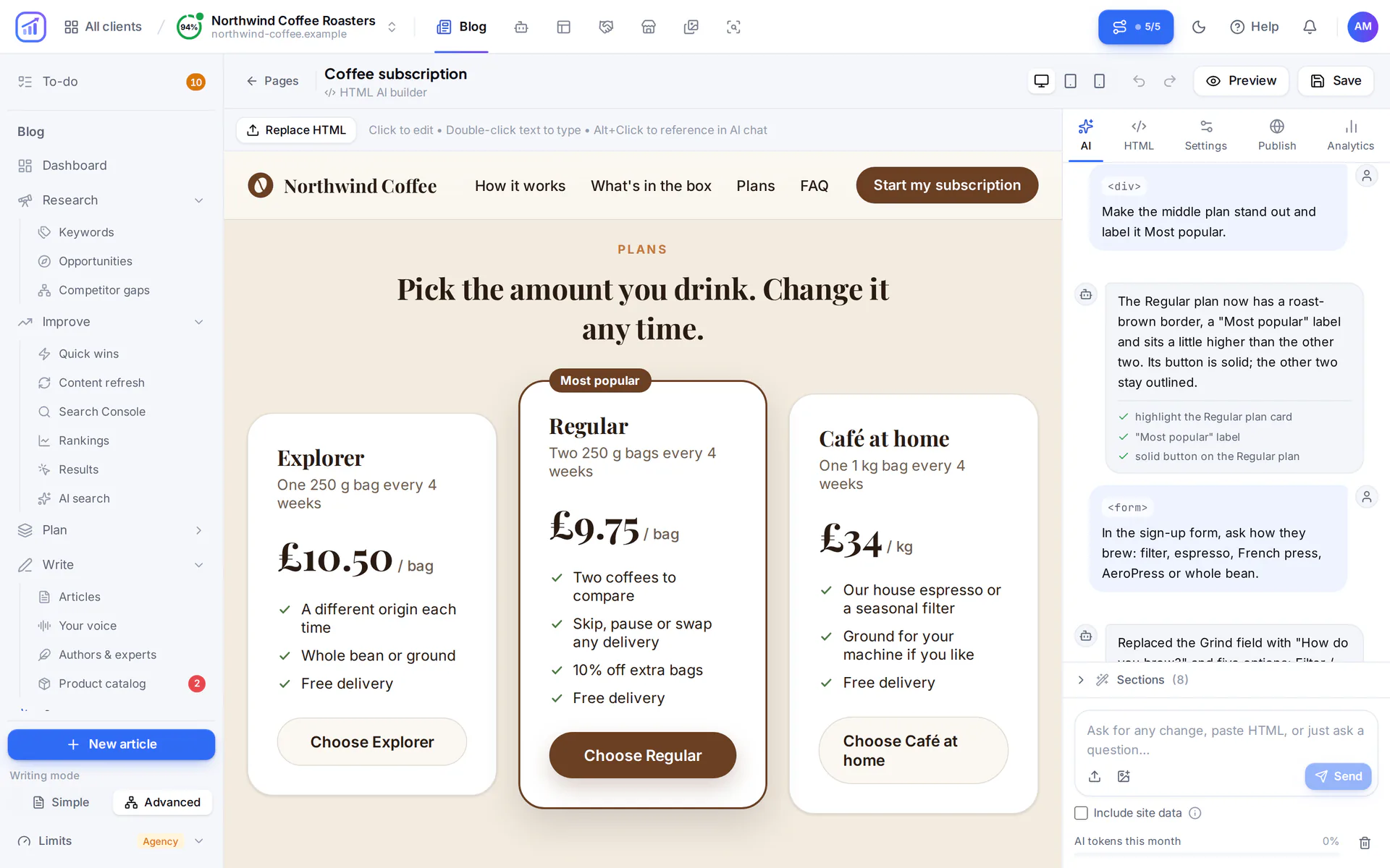 Plans section of a coffee subscription landing page in the RankFlow builder, with three plan cards and the middle one highlighted