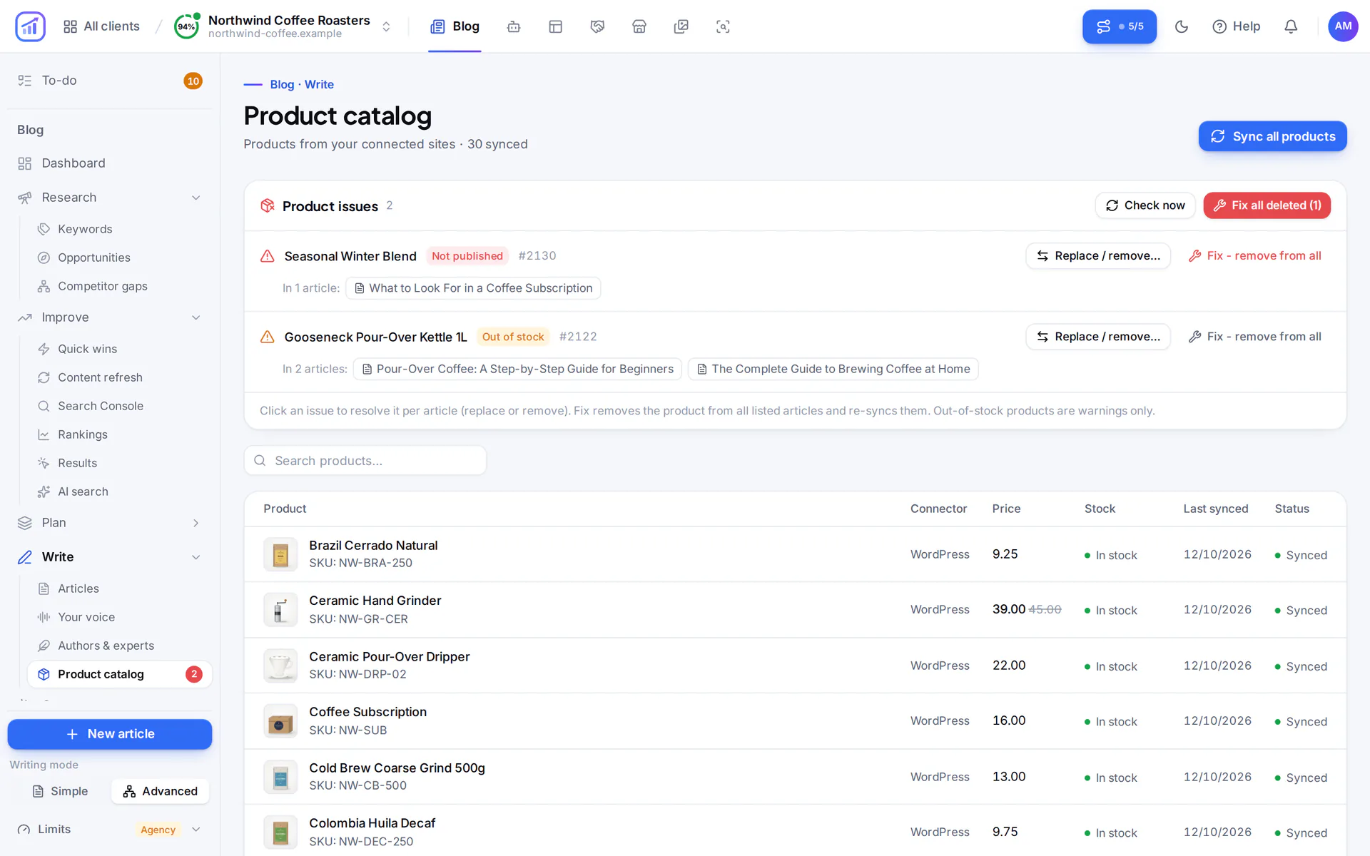 Product catalog in RankFlow: product issues for articles at the top, then the synced products with SKU, price, stock and sync status