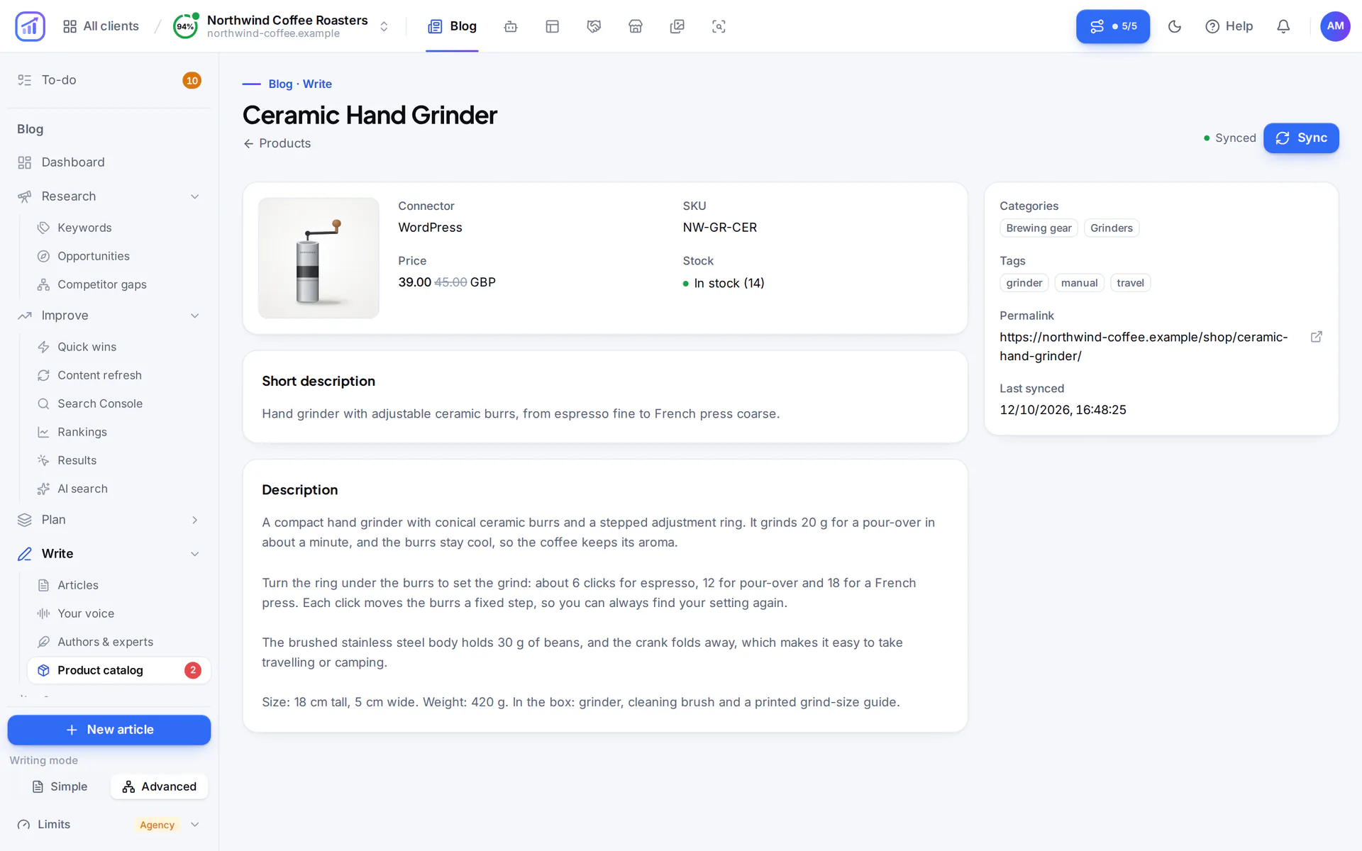 Product page for a hand coffee grinder: image, SKU, sale price, stock, description, categories, tags and permalink