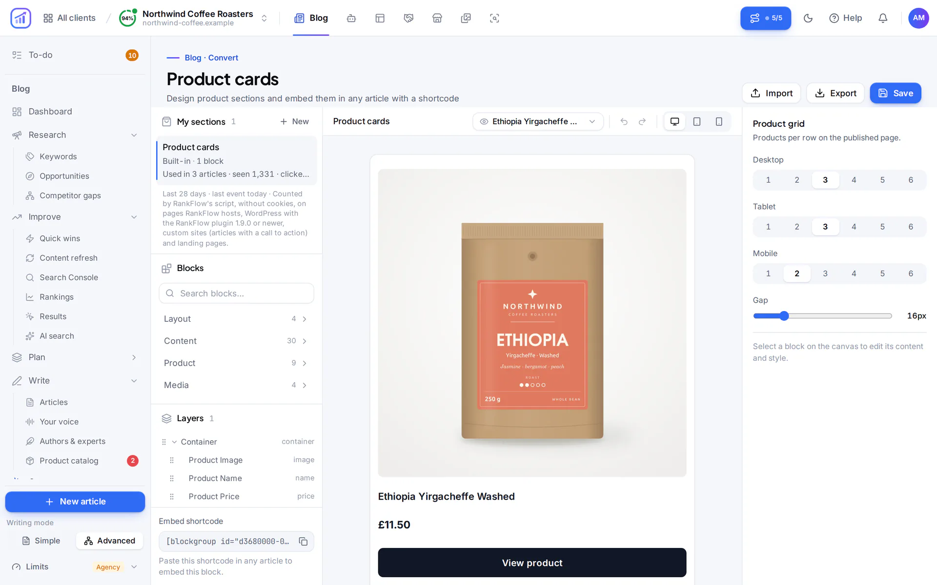 Product cards builder: the built-in card design previewed with a real coffee product, with layers, blocks and grid settings