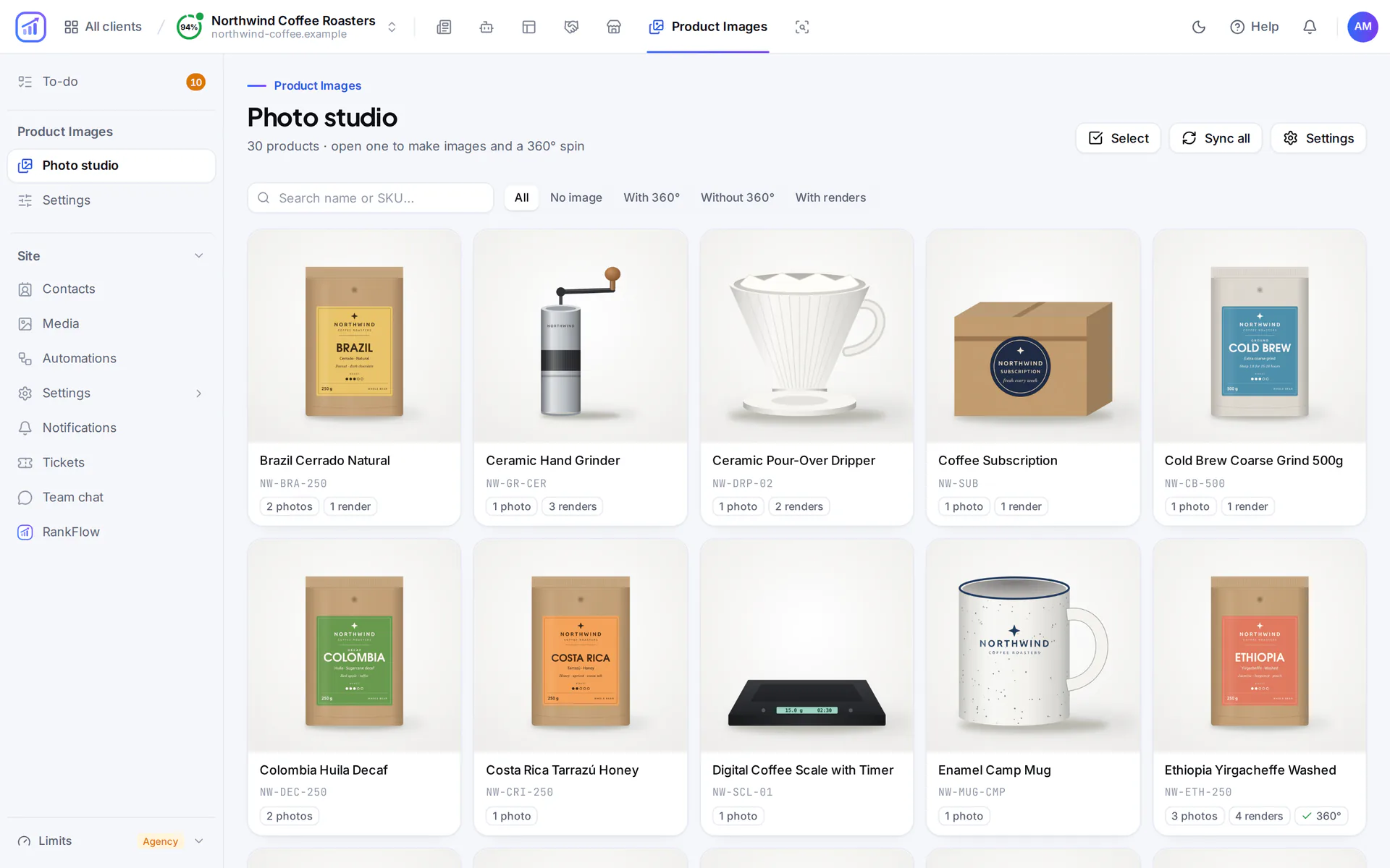 Photo studio grid: every store product as a card with its number of photos, renders and 360° status