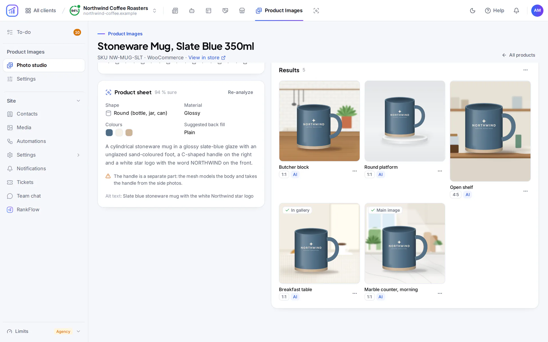 Product studio for a stoneware mug: the product sheet on the left and five finished scene images on the right, two of them already in the store