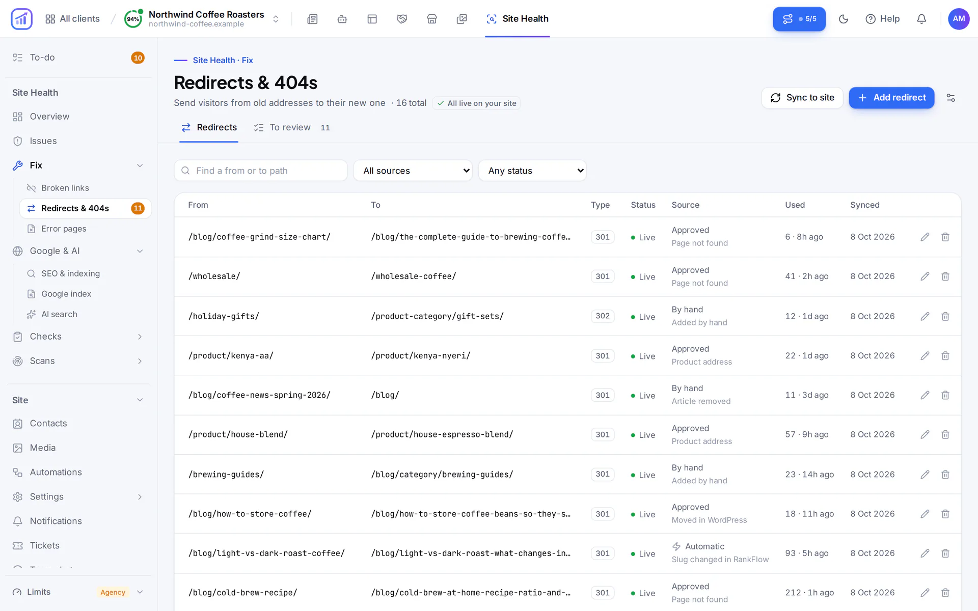 Redirects list with 16 redirects: old and new addresses, 301 or 302, whether each is live on the site, where it came from and how often it was used.