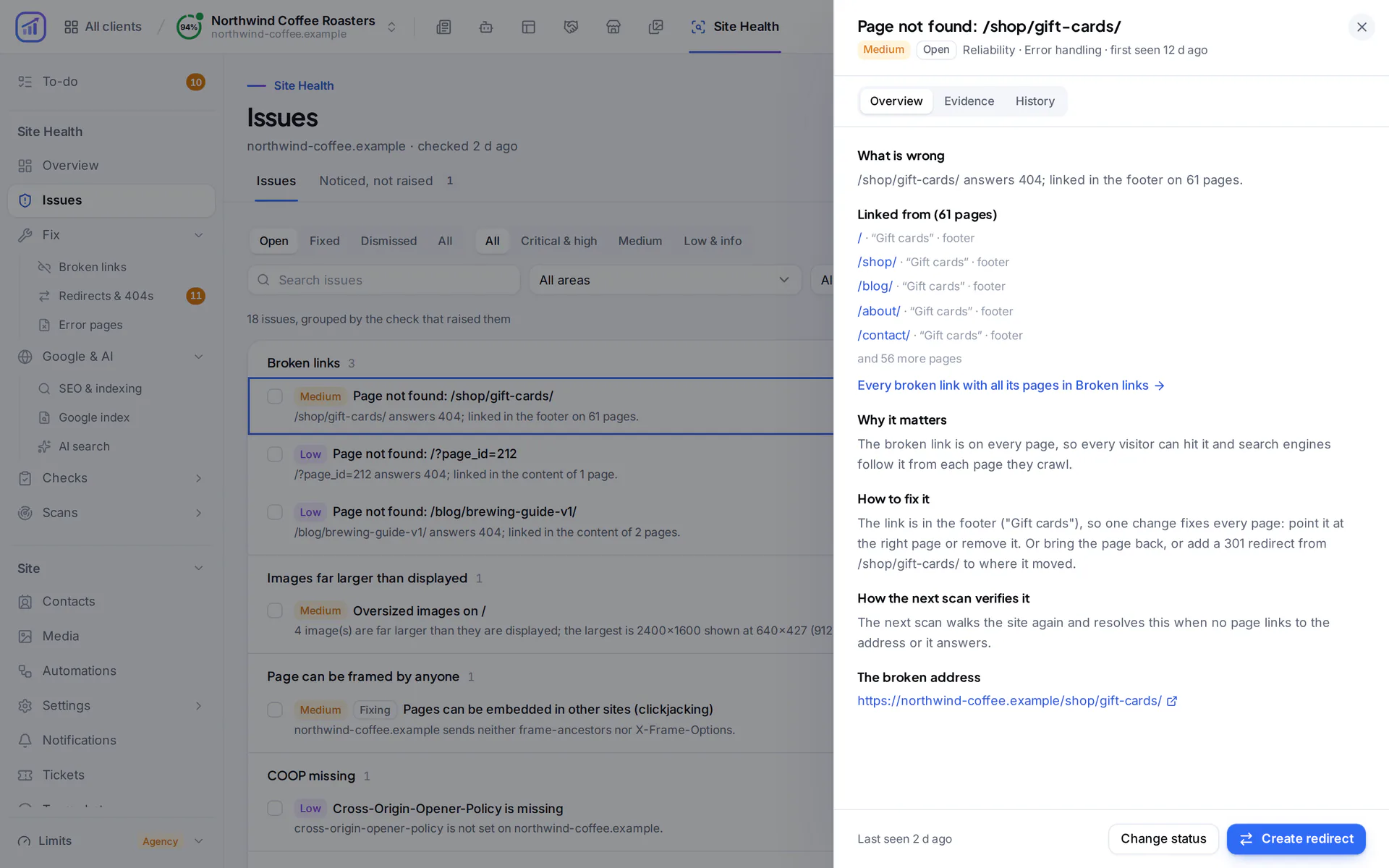 Issues list grouped by check, with the details of a broken footer link open: the pages that link to it, why it matters and how to fix it.