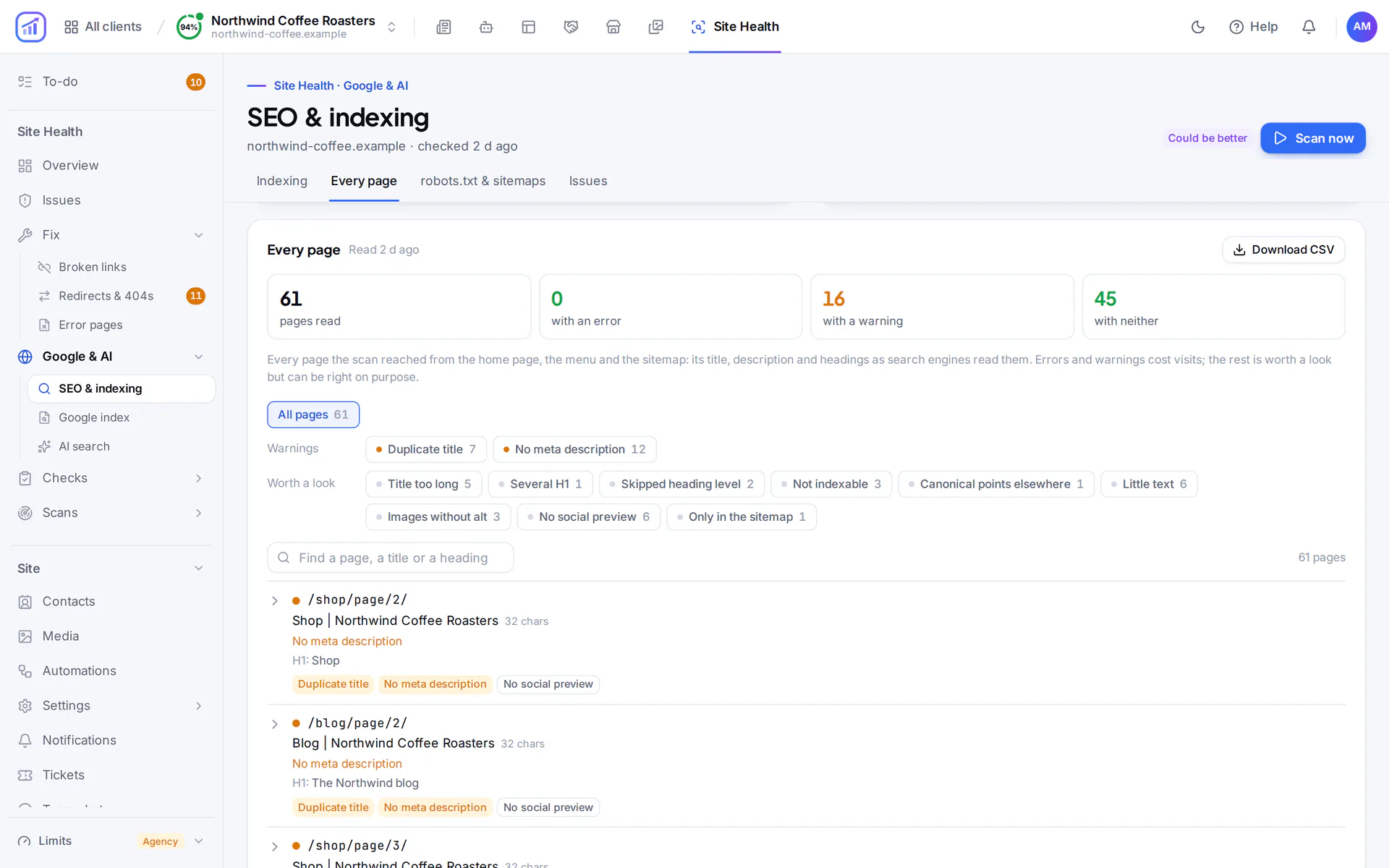 The Every page view of SEO and indexing: 61 pages read, how many have warnings, filters by problem and pages with duplicate titles and missing meta descriptions.