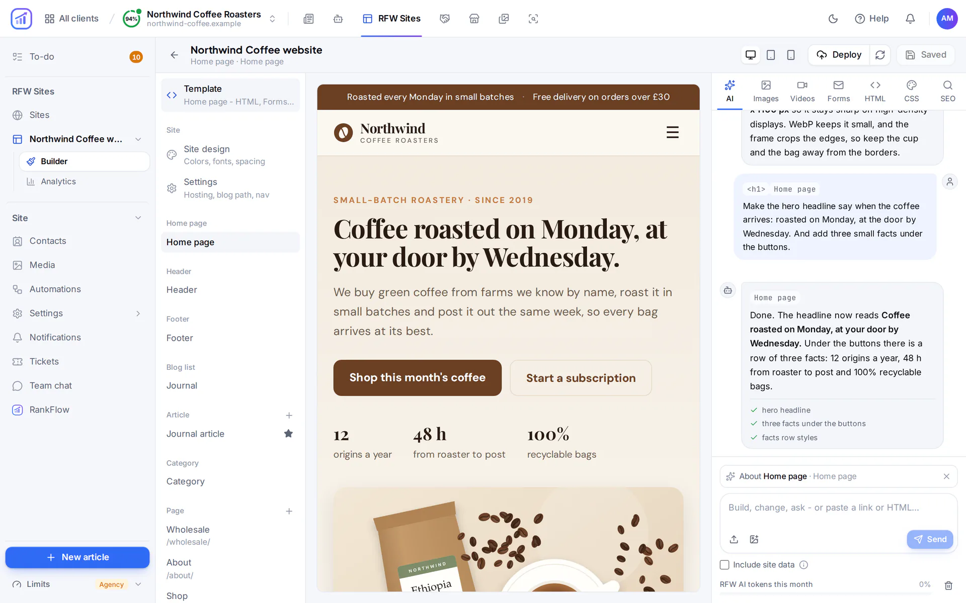 RankFlow website builder with the template list, a live preview of a coffee roaster home page and the AI chat with finished edits