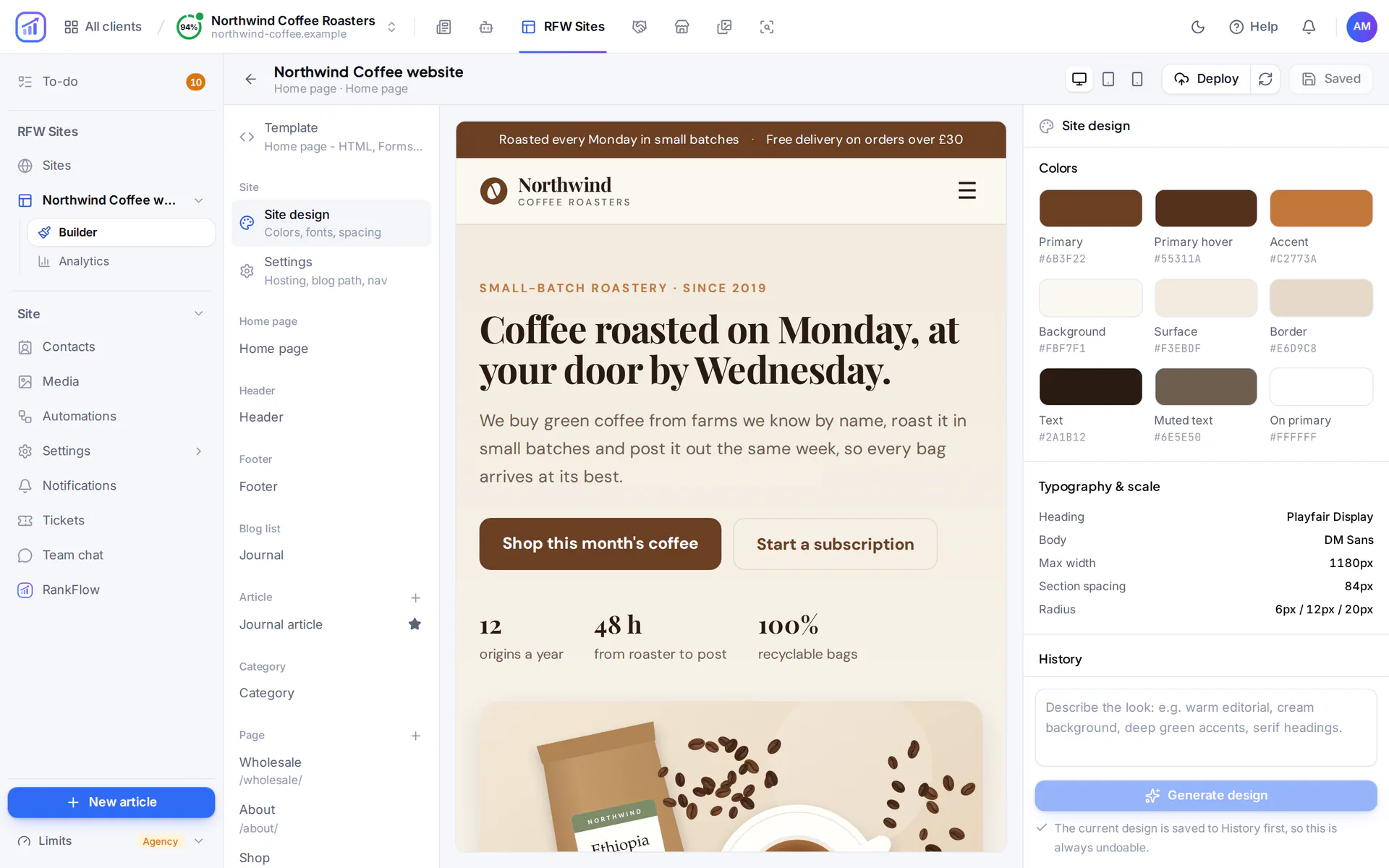 Site design panel of the RankFlow website builder with the colour palette and fonts of the site next to the live preview